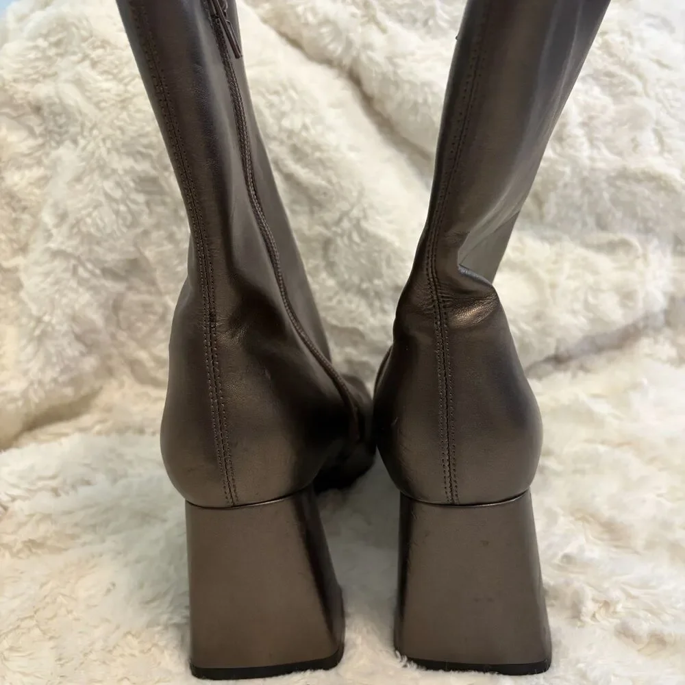 Jeffrey Campbell Bronze Metallic Square Toe Block Heel Ankle Boots Size 5.5